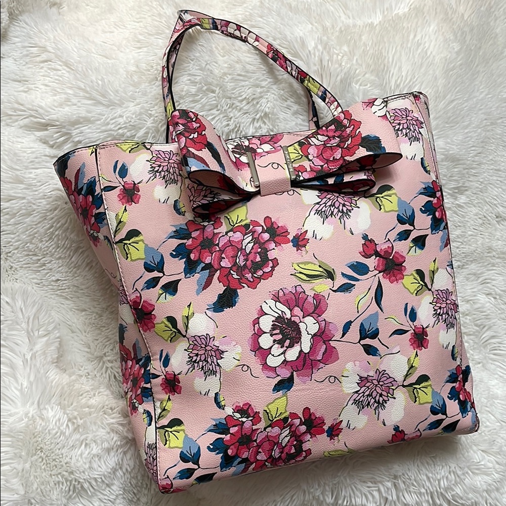BIG 💕 Betsey Johnson Floral Pink & Yellow Tote with Girly Bow & 4 Extra Pockets